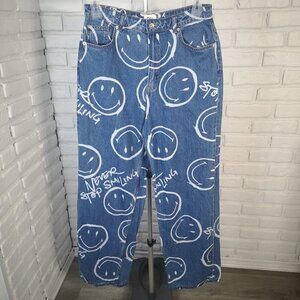 Smiley x H&M Ladies Size 10 Medium Wash w/ White Wide Straight Leg Jeans